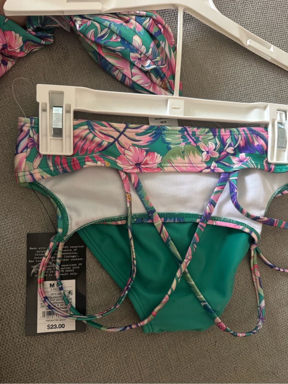 Girls Floral Rash Guard 3 piece Set - Green & Pink Tropical Print 8 (M) youth - Picture 4 of 5